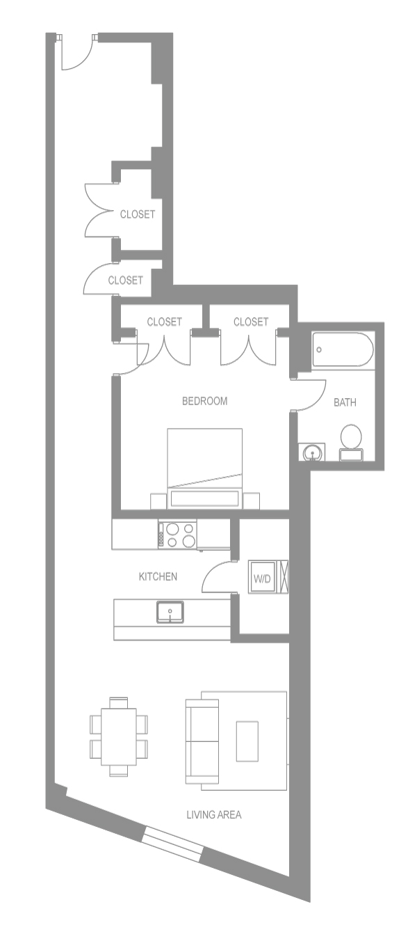 Floor plan for 1 bed, 1 bath, 894 sqft